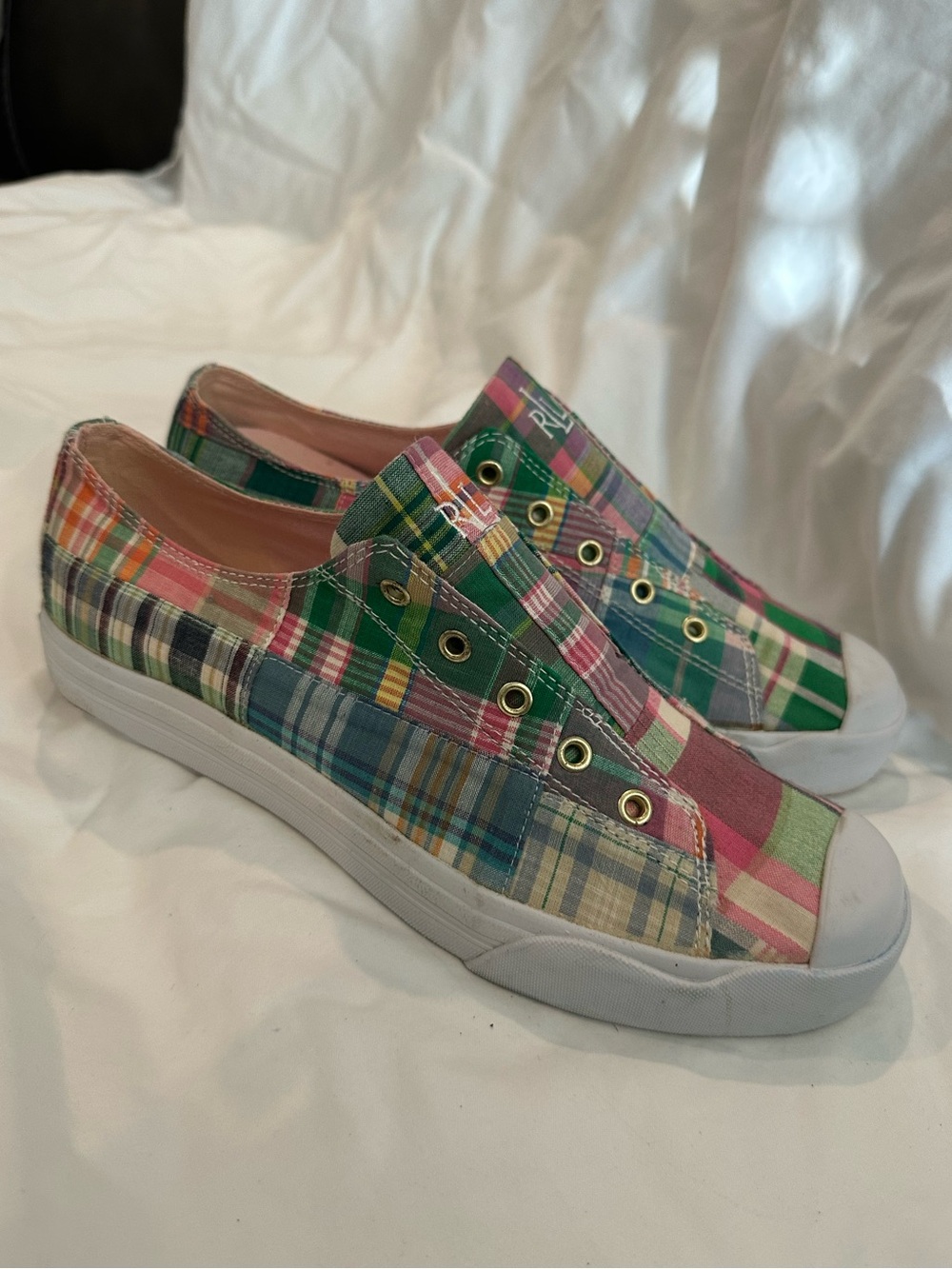 Ralph Lauren Plaid Slip-On Sneakers - Pink Green Blue Cream - Picture 2 of 10